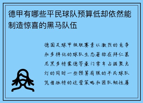 德甲有哪些平民球队预算低却依然能制造惊喜的黑马队伍